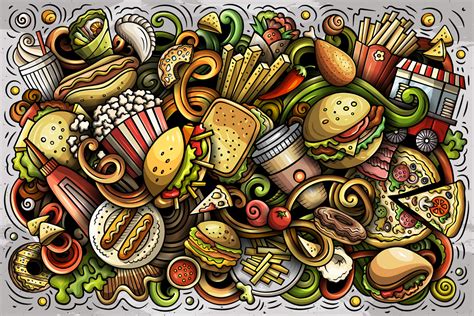 Fast Food Vector Cartoon Doodles Illustrations On Yellow Images