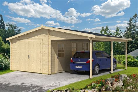 There are no rear or side walls, these could be added by the buyer to covert this structure into an enclosed shed or garage. Holzgarage mit Carport 44 Holz 665x530 cm Überdachung ...