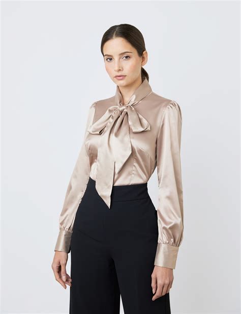 Satin Women S Fitted Shirt With Pussy Bow In Taupe Hawes Curtis Uk
