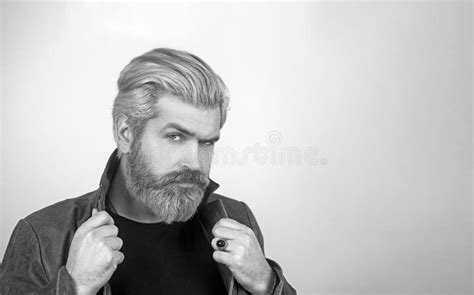 Fashion Handsome Man Serious Male Model Portrait Wear Leather Jacket