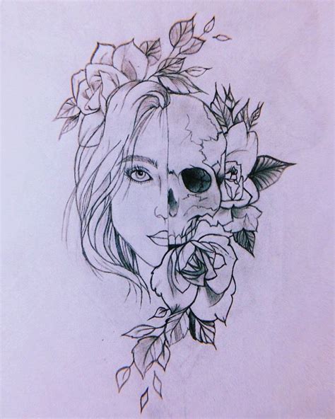 Half Face Half Skull Half Face Drawing Skull Tattoo Flowers Half