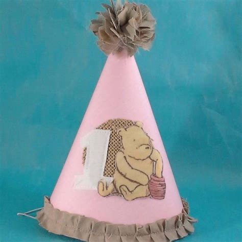 Shabby Chic Classic Pooh Bear Birthday Party Hat Pink First Etsy Winnie The Pooh Themes