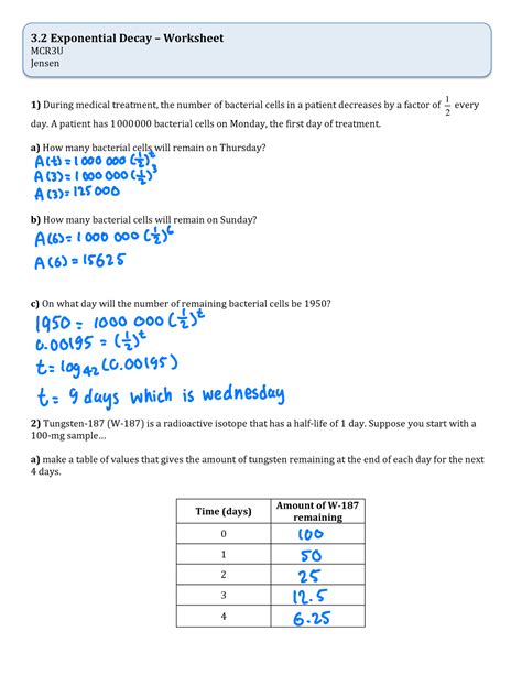 Exponential Decay 3exponentialdecayworksheet Mcr3uand Jensen