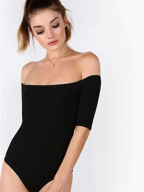 Black Off The Shoulder Half Sleeve Bodysuit Emmacloth Women Fast Fashion Online