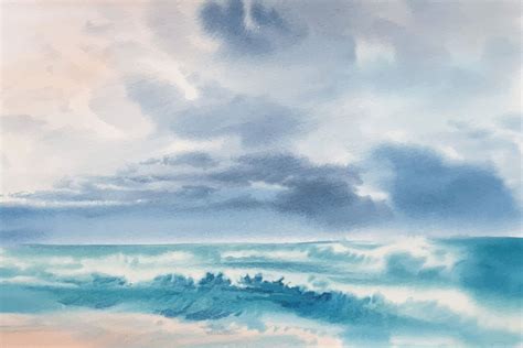Watercolor Blue Sky And Clouds Landscape Illustration Par Witview