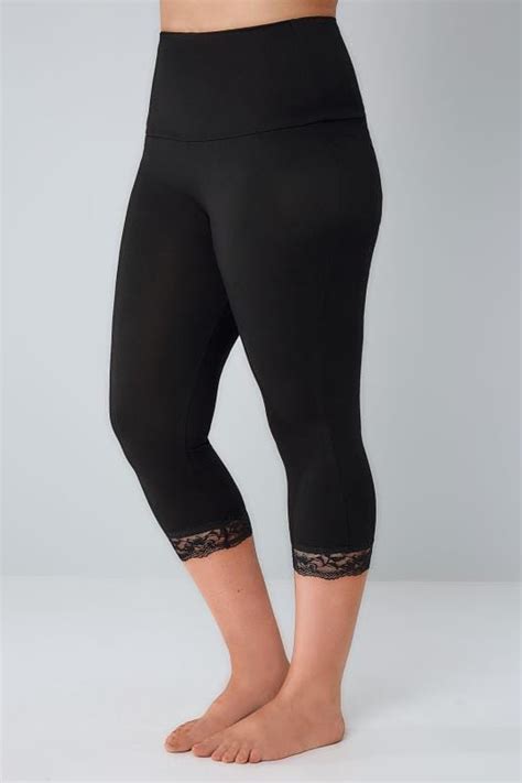 black tummy control cropped leggings with lace trim plus size 14 16 18 20 22 24 26 28 30 32