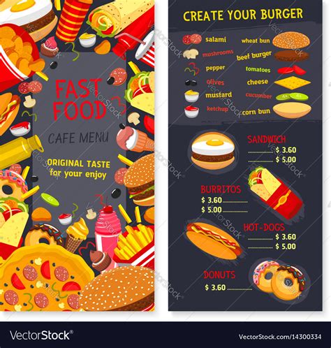 Menu Set For Fast Food Snacks And Desserts Vector Image