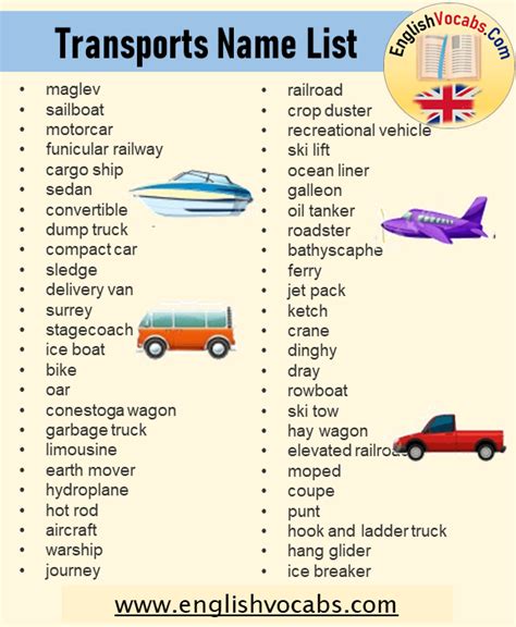 English Vehicles And Transportation Names Word List English Vocabs