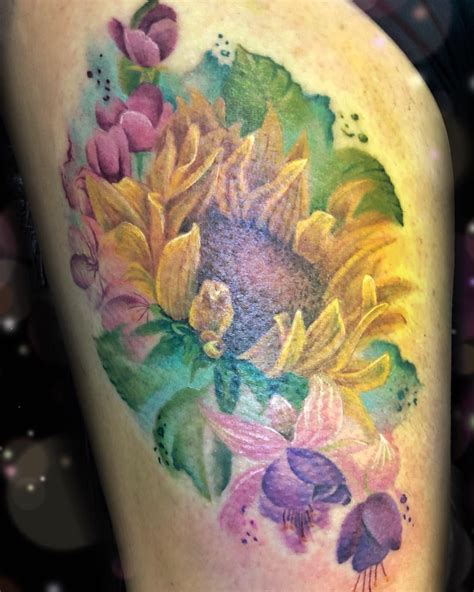 Sunflower Watercolor With Cherry Blossoms And Fuchsias 💐💐💐 Done By