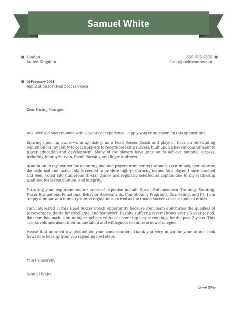 Head Soccer Coach Cover Letter Sample Kickresume