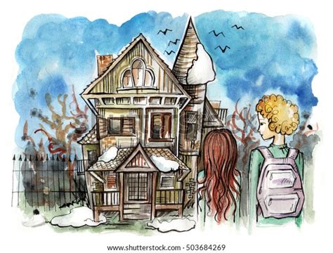 Orphanage Watercolor Illustration Two Kids Standing Stock Illustration