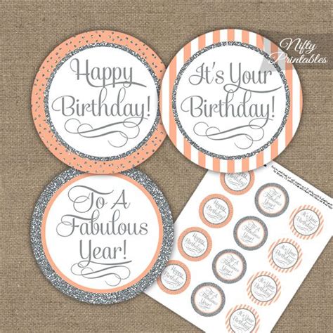 Circle heart ball cake toppers happy birthday toppers for baby shower cupcake topper wedding personalized cake decoration. Happy Birthday Cupcake Toppers - Peach Silver Stripe ...