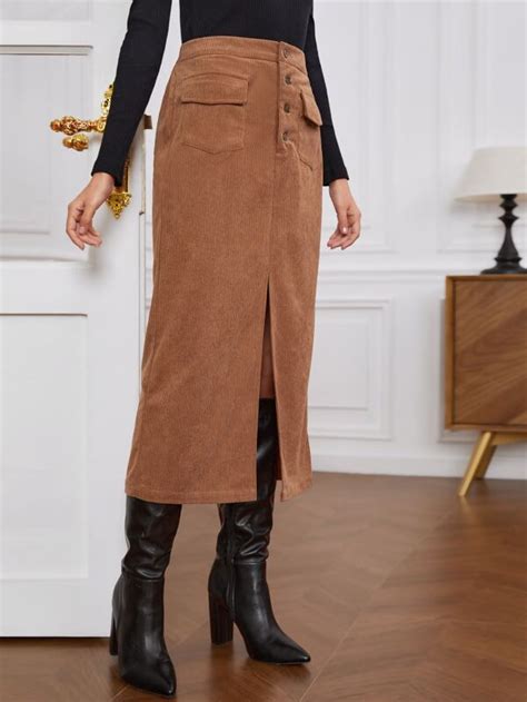 SHEIN Clasi Flap Pocket Split Hem Corduroy Skirt SHEIN USA