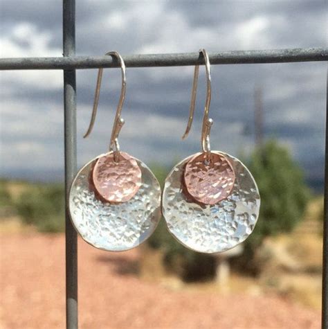 Hammered Sterling Silver And Copper Handmade Drop Earrings Etsy