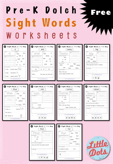 pre  dolch sight words worksheets set   dots education