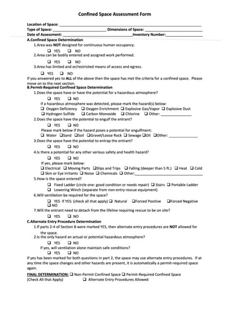 Confined Space Assessment Form Printable Pdf Download