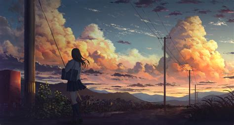 Wallpaper Clouds Sky Anime Girl Scenic Anime Landscape Resolution X Wallpx