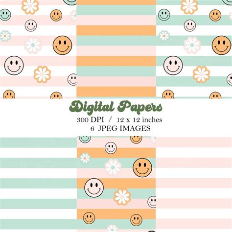 Retro Happy Face Seamless Pattern Digital Paper Set Smiley Etsy