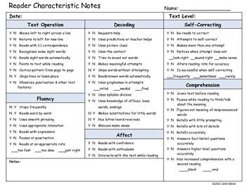 Guided Reading Reader Characteristic Anecdotal Notes Form by Carrie Meyer
