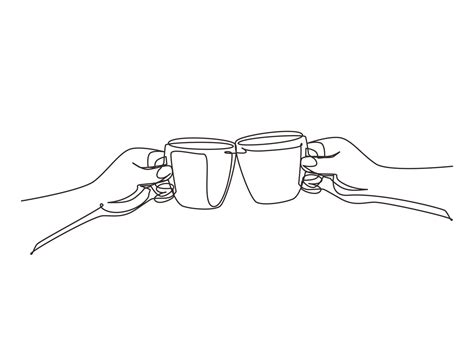 Single Continuous Line Drawing Hands With Cups Of Hot Coffee Or Hot Tea