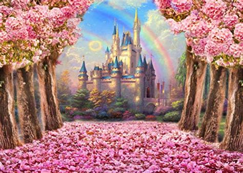 Dreamy Disney Castle Backdrop 7x5ft Pink Sweet Sakura Flowers Tree