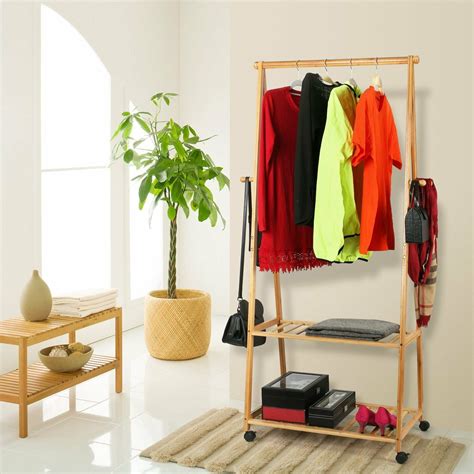 Lex Portable Hanging Clothes Rack With Wheel Bamboo Brown And Black