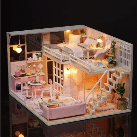 Miniature Pink Dream House Dollhouse With Furniture Kits Diy Wooden