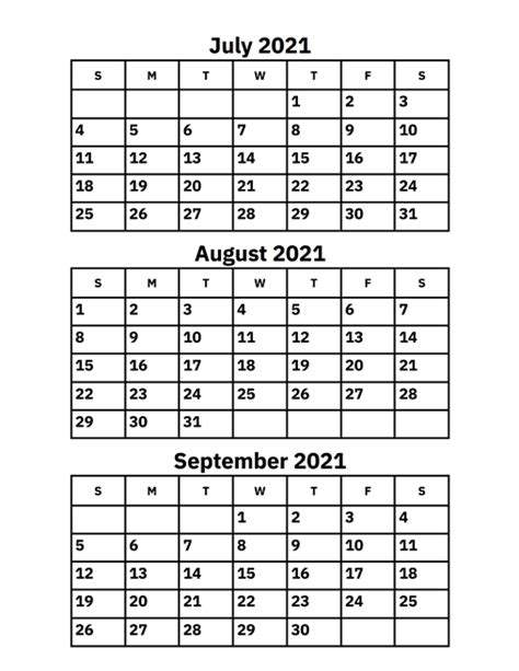 July August And September 2021 Calendar