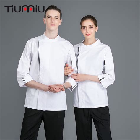 New Design Patchwork Chef Uniform Unisex Oblique Collar Long Sleeve Chef Jacket Kitchen