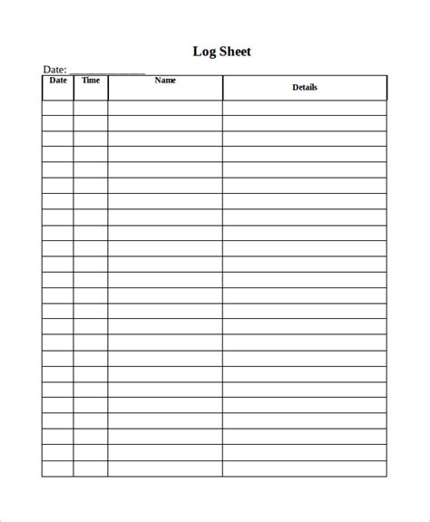 Log Sheet Template Printable