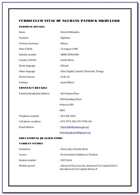 Cv Template Examples South Africa