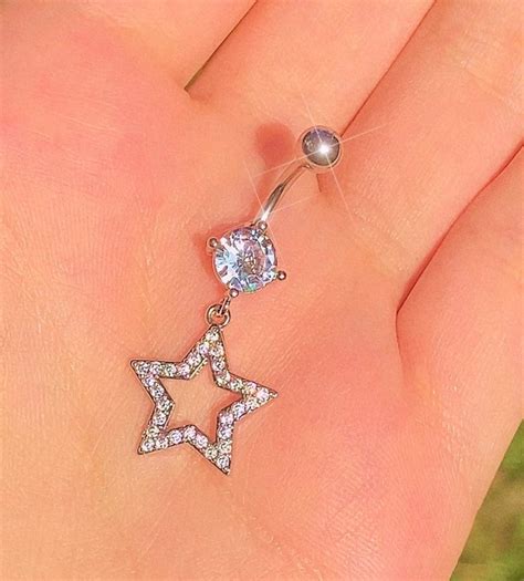 Silver Star Dangle Belly Button Ring Y2k 2000s Sparkly Body Jewelry Surgical Steel Navel