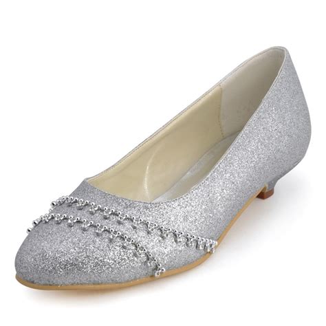 B129b Women Evening Party Prom Pumps Silver Round Toe Low Heel Glitter