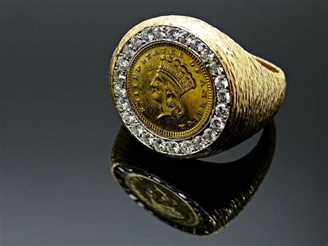 Liberty Head Gold Coin Ring Big Mens Ring Gold Diamondmens Etsy