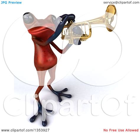 Clipart Of A 3d Red Frog Playing A Trumpet On A White Background