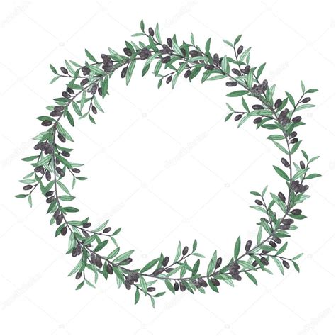 Watercolor Olive Wreath Isolated Illustration On White Backgrou