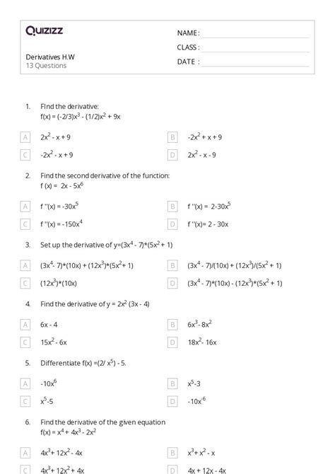 50 Derivatives Worksheets On Quizizz Free Printable