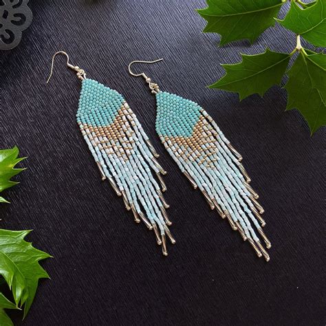 Beaded Fringe Turquoise Earrings Beadwork Handmade Jewelry Etsy