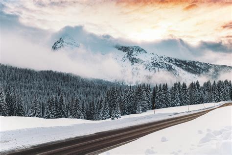 Wallpaper Winter Snow Road Mountains Fog Hd Widescreen High Definition Fullscreen