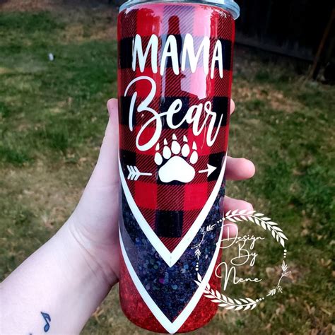 Mama Bear Fabric Glitter Tumbler Red And Black Holographic Customizable