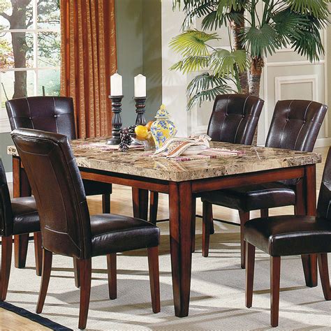 Crafted from dark wood, this solid construction is designed to accommodate up to 6 people. Steve Silver Montibello Marble Top Rectangular Dining ...