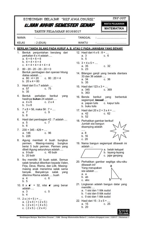 Soal Uts Matematika Kelas 2 Sd Semester 2 Kurikulum 2013 Homecare24
