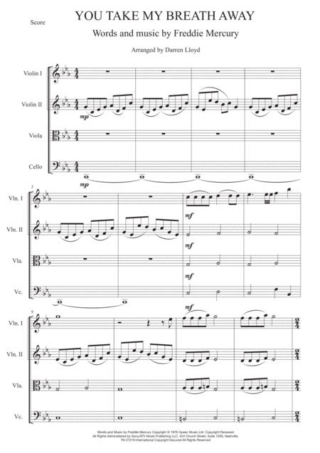 You Take My Breath Away Arr Darren Lloyd Sheet Music Queen String Quartet