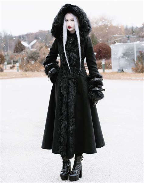 Black Gothic Fur Winter Warm Long Hooded Coat For Women Pakaian Fashion Wanita Mode Wanita