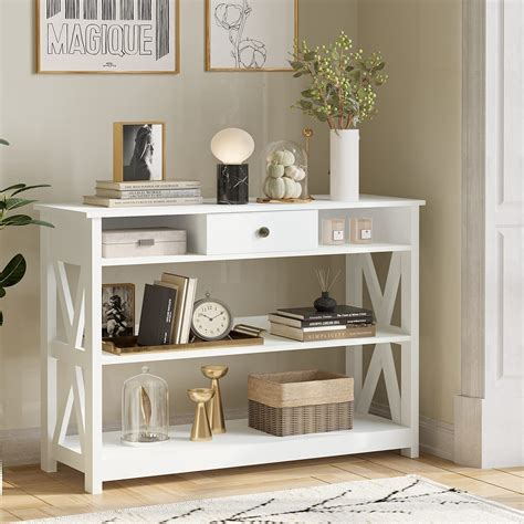 Buy White 3 Tier Console Table With Drawer And Shelves Narrow Console