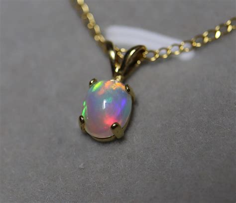 14k Gold Pendant Gold Opal Necklace White Opal Cabochon Rainbow