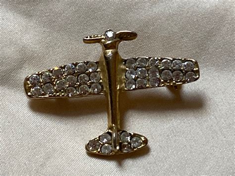 Vintage Gold Tone Rhinestone Airplane Brooch Pin 1 34 Etsy