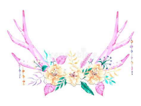 Watercolor Pink Boho Horns With Beads Stock Illustration Illustration
