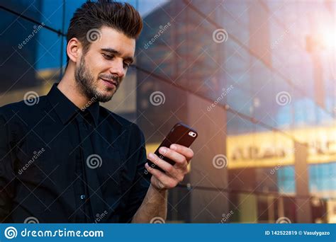 Male Broker Using Messenger On Cell Telephone Stock Image Image Of