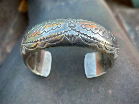 Vintage Navajo Albert Bighand Stamped Sterling Silver Cuff, Native